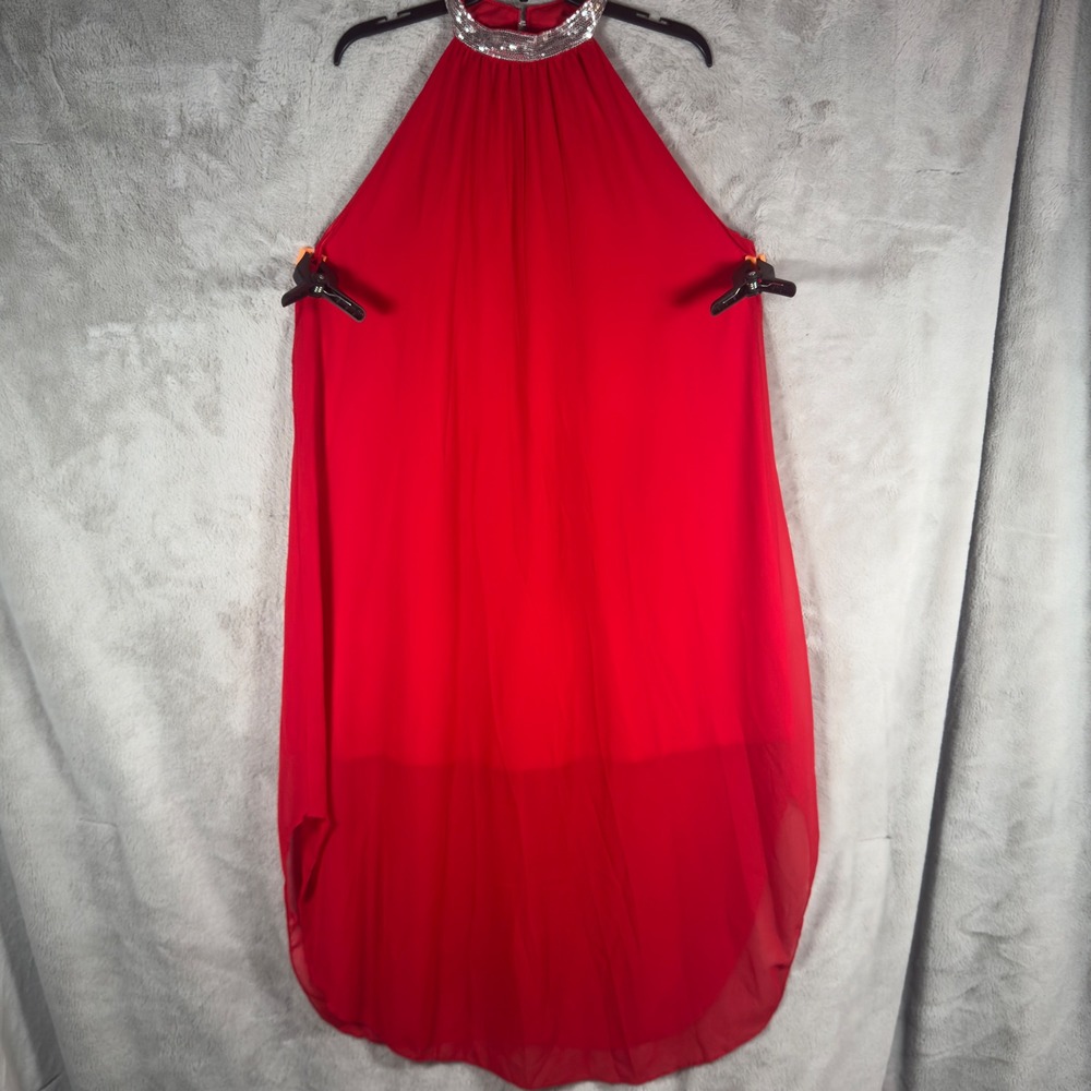 Red Halter Neck Rhinestone Beaded Collar Flowy‎ Maxi Dress 1XL